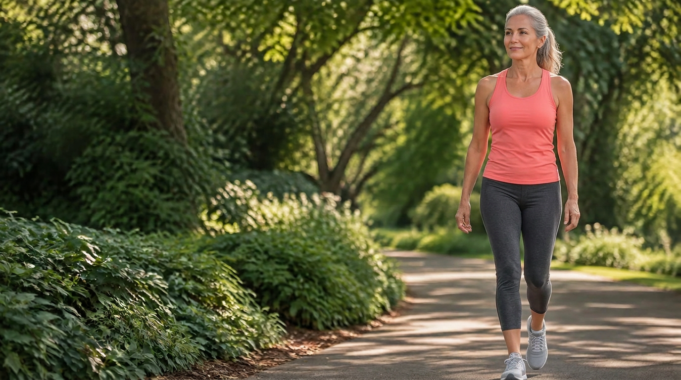 Active woman in her late 60s walking on a sunlit, tree-lined path